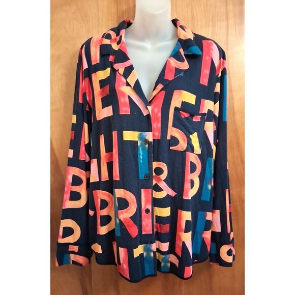 SOMA Pajama Top multi-color Print XL Long Sleeve Soft Knit Button Down Blue - Picture 3 of 6